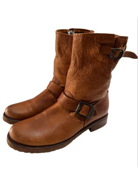 FRYE Veronica Shortie Ankle Moto Engineer Leather Boots Whiskey Cognac Size 7